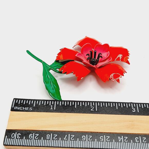 Vintage 1960s Red Green Enamel Flower Brooch - Picture 6 of 10